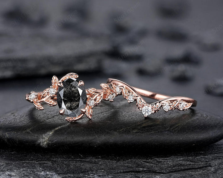 Oval Shape Salt and Pepper Diamond Vine Engagement Ring Set, Rose Gold Natural Black Diamond Twig Branch Promise Ring, Leaf Anniversary Ring - ShainJewelry