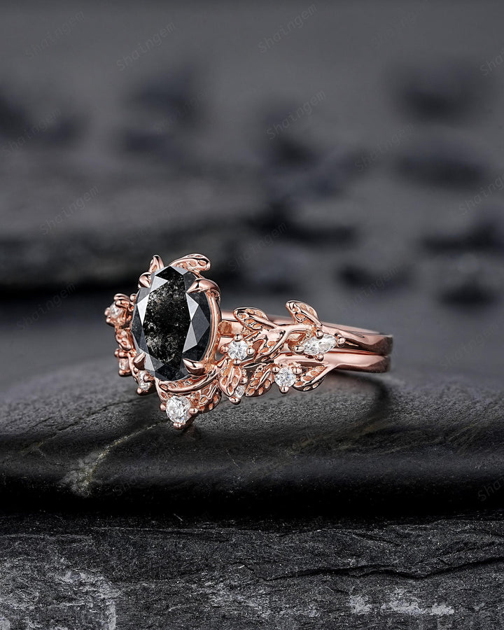 Oval Shape Salt and Pepper Diamond Vine Engagement Ring Set, Rose Gold Natural Black Diamond Twig Branch Promise Ring, Leaf Anniversary Ring - ShainJewelry