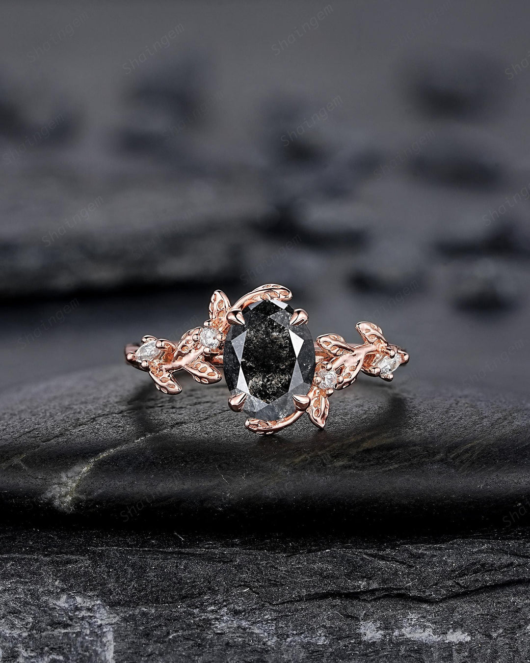 Oval Shape Salt and Pepper Diamond Vine Engagement Ring Set, Rose Gold Natural Black Diamond Twig Branch Promise Ring, Leaf Anniversary Ring - ShainJewelry