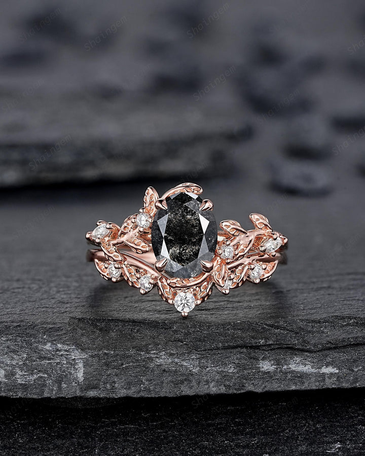 Oval Shape Salt and Pepper Diamond Vine Engagement Ring Set, Rose Gold Natural Black Diamond Twig Branch Promise Ring, Leaf Anniversary Ring - ShainJewelry