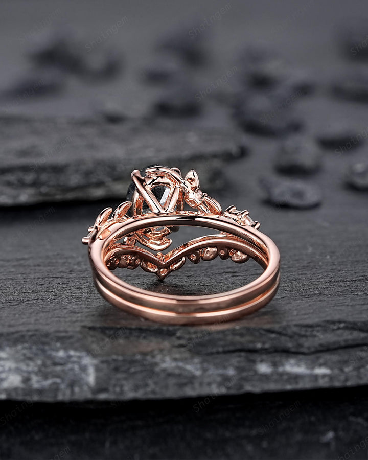 Oval Shape Salt and Pepper Diamond Vine Engagement Ring Set, Rose Gold Natural Black Diamond Twig Branch Promise Ring, Leaf Anniversary Ring - ShainJewelry