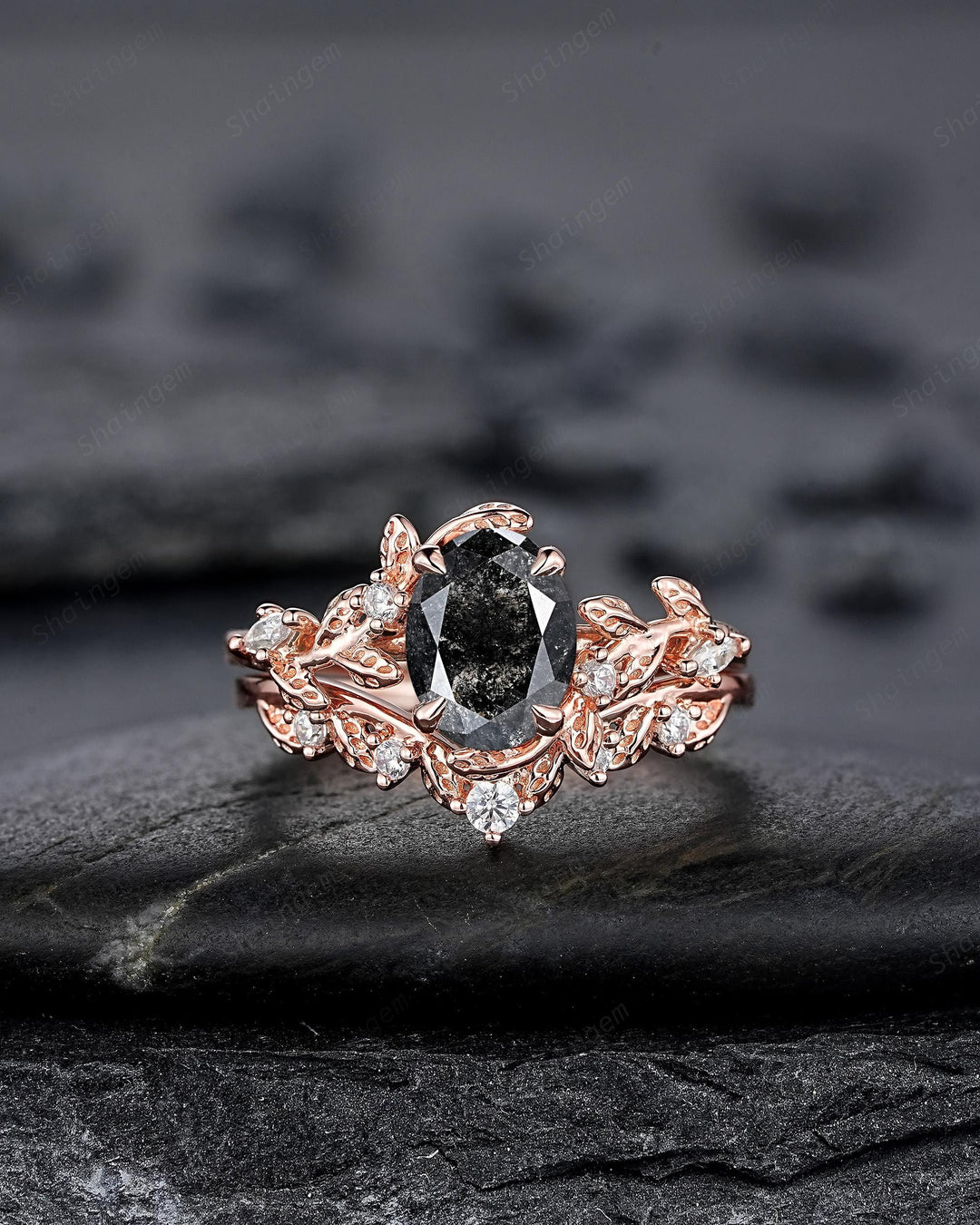 Oval Shape Salt and Pepper Diamond Vine Engagement Ring Set, Rose Gold Natural Black Diamond Twig Branch Promise Ring, Leaf Anniversary Ring - ShainJewelry
