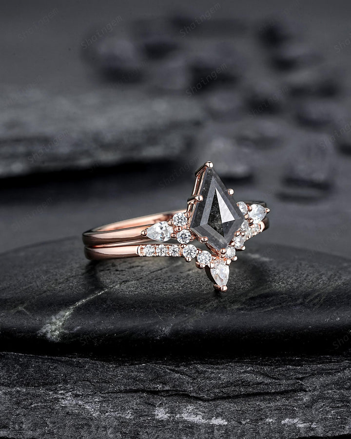 Kite Cut Natural Salt and Pepper Diamond Engagement Ring Set, 18K Rose Gold Black Diamond Promise Ring, Gray Diamond Wedding Ring for Women - ShainJewelry