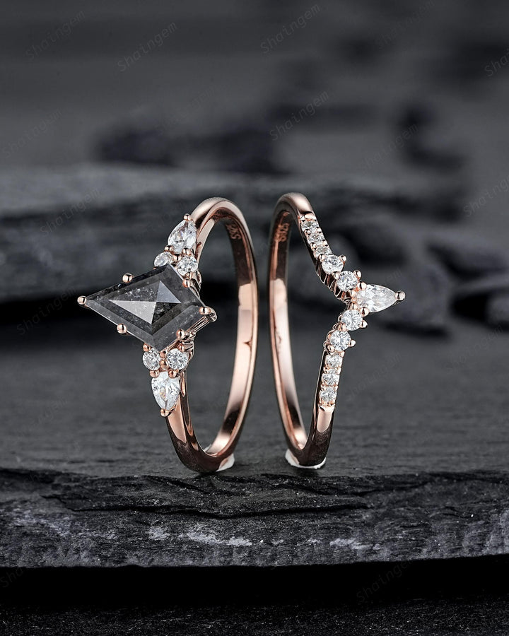 Kite Cut Natural Salt and Pepper Diamond Engagement Ring Set, 18K Rose Gold Black Diamond Promise Ring, Gray Diamond Wedding Ring for Women - ShainJewelry