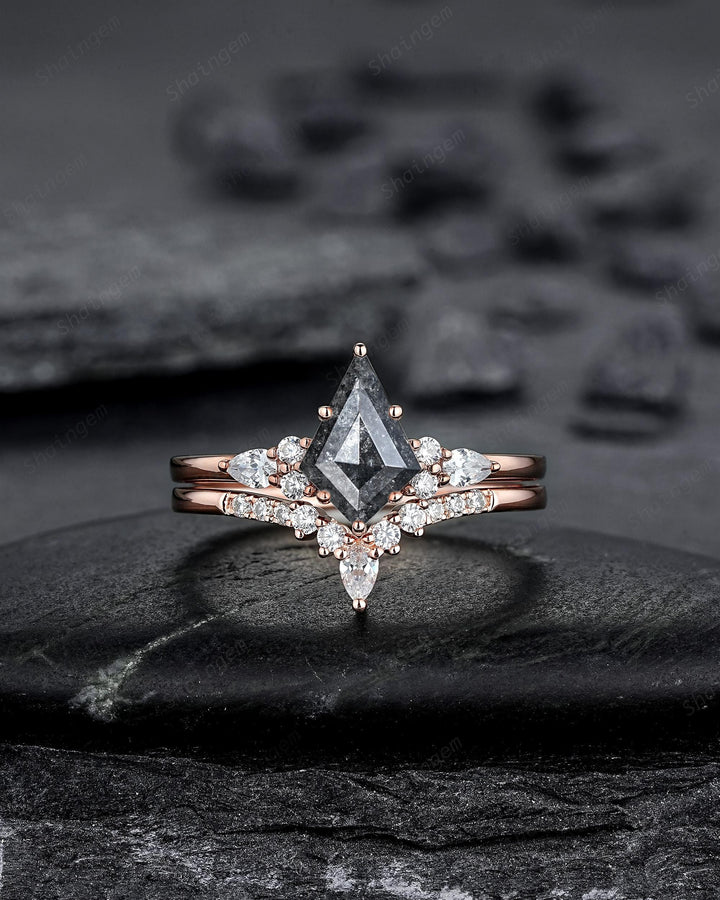 Kite Cut Natural Salt and Pepper Diamond Engagement Ring Set, 18K Rose Gold Black Diamond Promise Ring, Gray Diamond Wedding Ring for Women - ShainJewelry