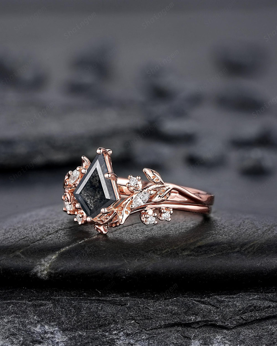 Natural Salt and Pepper Diamond Vine Engagement Ring Set, Rose Gold Kite Cut Natural Black Diamond Twig Promise Ring, Leaf Anniversary Ring - ShainJewelry