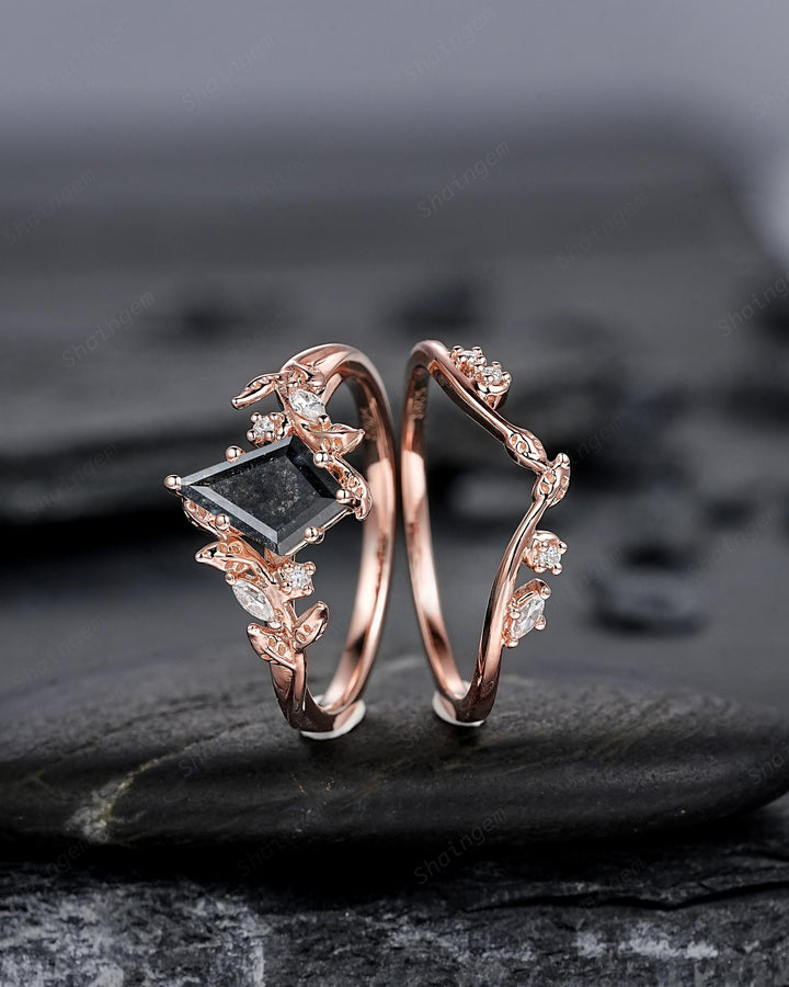 Natural Salt and Pepper Diamond Vine Engagement Ring Set, Rose Gold Kite Cut Natural Black Diamond Twig Promise Ring, Leaf Anniversary Ring - ShainJewelry