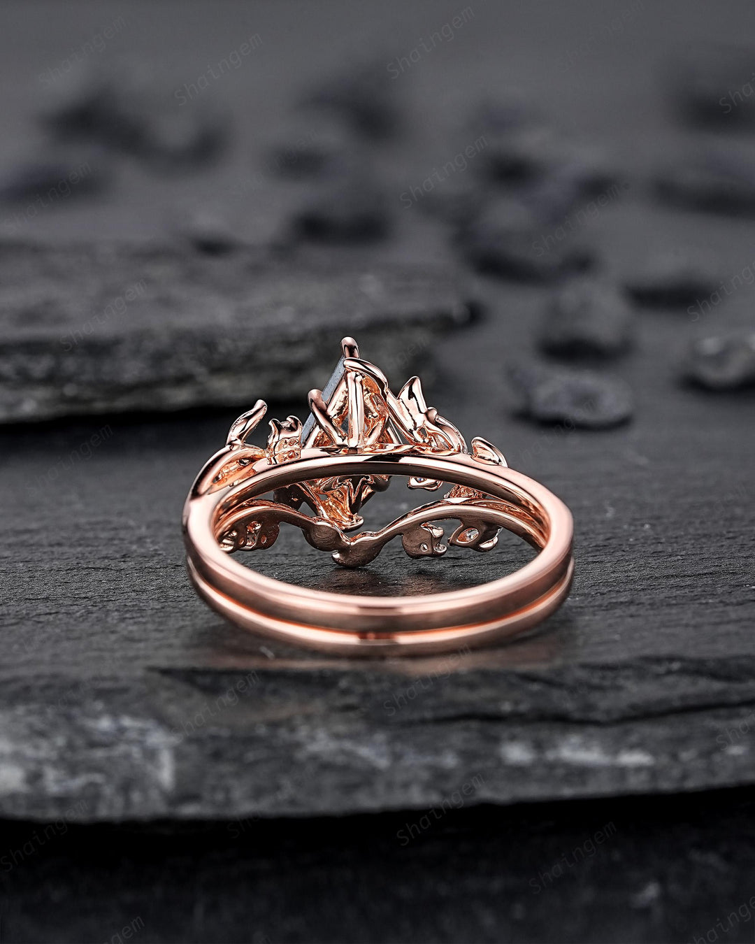 Natural Salt and Pepper Diamond Vine Engagement Ring Set, Rose Gold Kite Cut Natural Black Diamond Twig Promise Ring, Leaf Anniversary Ring - ShainJewelry