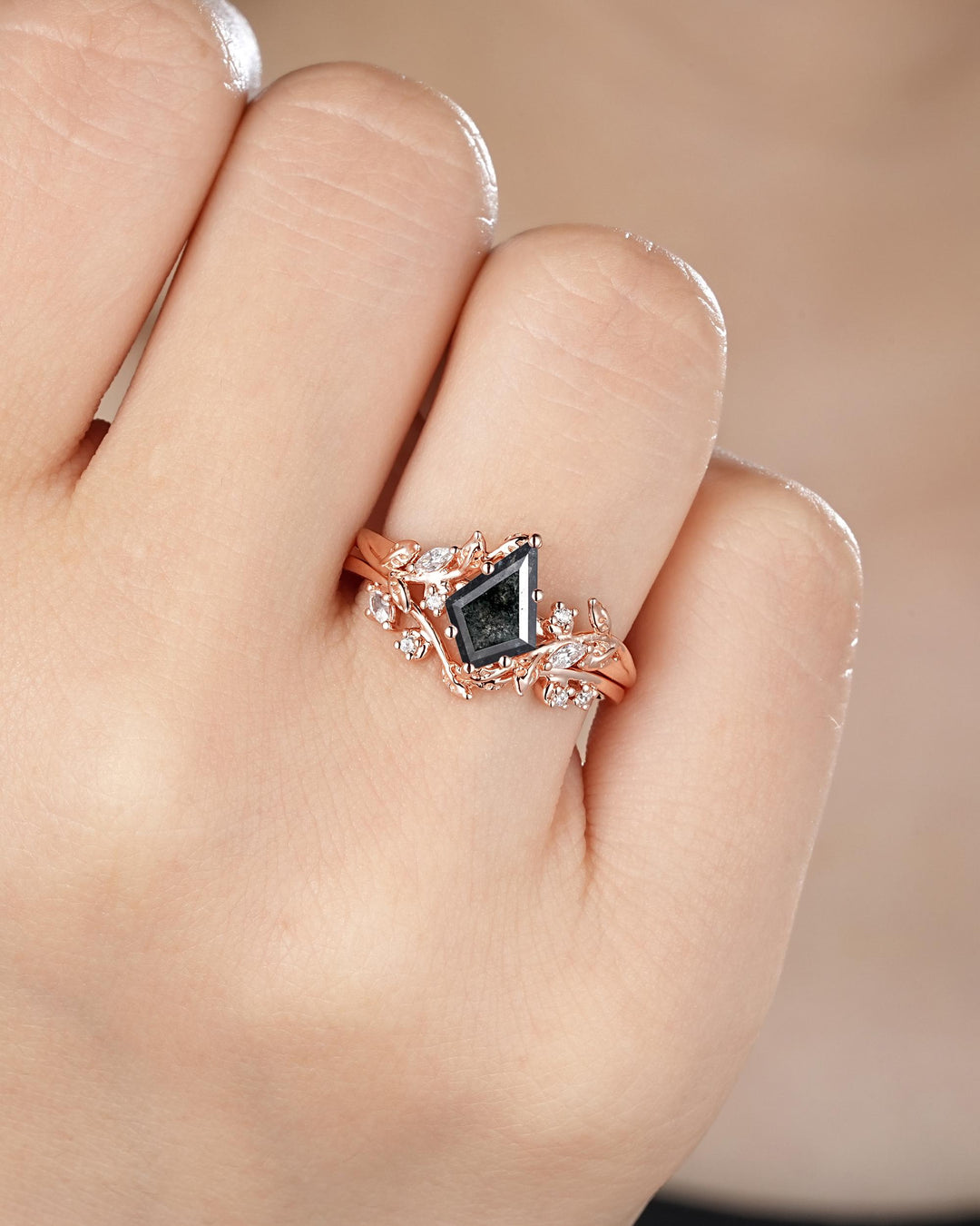 Natural Salt and Pepper Diamond Vine Engagement Ring Set, Rose Gold Kite Cut Natural Black Diamond Twig Promise Ring, Leaf Anniversary Ring - ShainJewelry