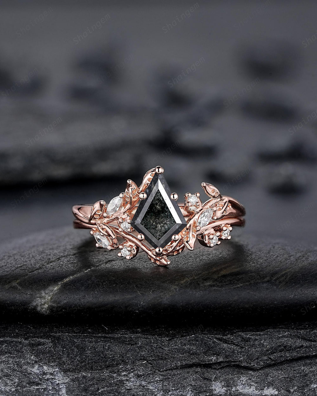 Natural Salt and Pepper Diamond Vine Engagement Ring Set, Rose Gold Kite Cut Natural Black Diamond Twig Promise Ring, Leaf Anniversary Ring - ShainJewelry