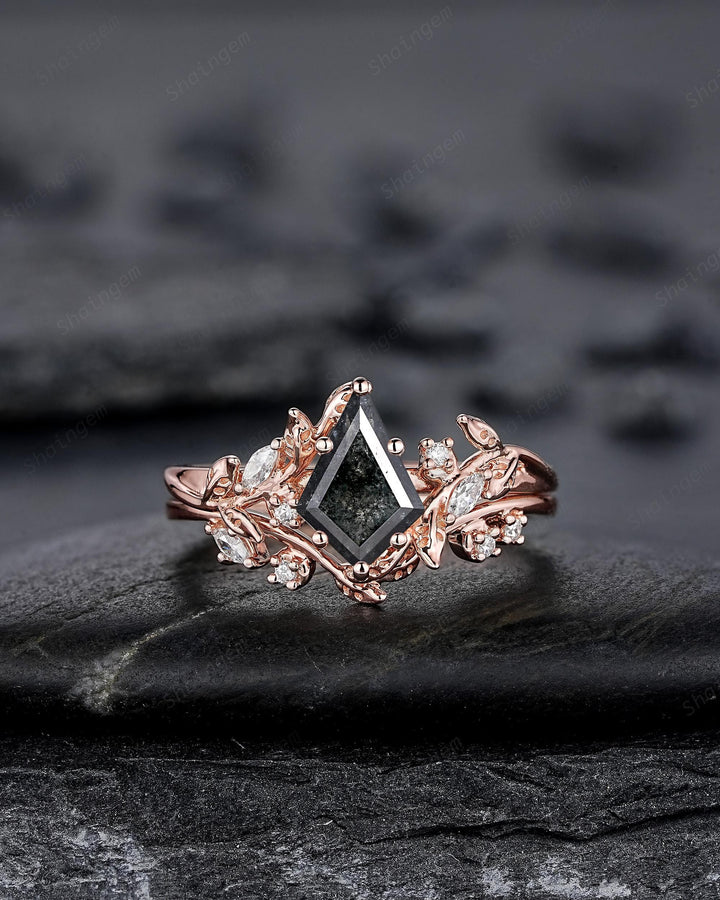 Natural Salt and Pepper Diamond Vine Engagement Ring Set, Rose Gold Kite Cut Natural Black Diamond Twig Promise Ring, Leaf Anniversary Ring - ShainJewelry
