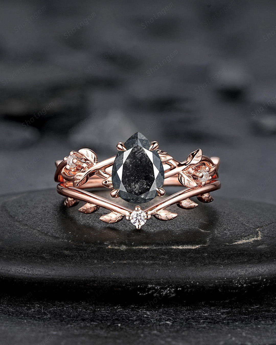 Natural Pear Shape Salt and Pepper Diamond Leaf Engagement Ring Set, Rose Gold Black Diamond Twig Promise Ring, Crown Leaf Anniversary Ring - ShainJewelry