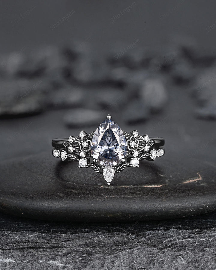 Gothic Black Pear Shape Gray Moissanite Floral Engagement Ring, Unique Black Rhodium Leaf Wedding Promise Ring for Women, Vintage Bridal Set - ShainJewelry