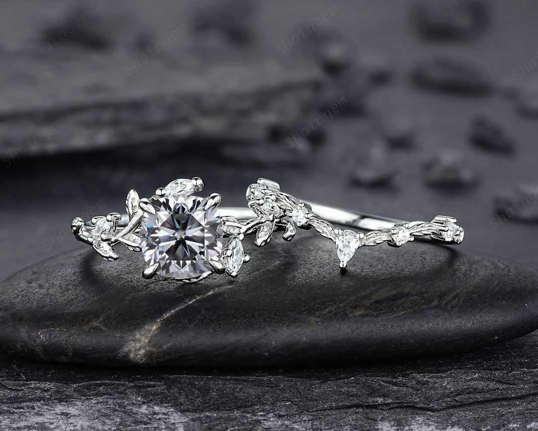 Nature Inspired Cushion Cut Gray Moissanite Leaf Engagement Ring Unique Rose Gold Grey Moissanite Twig Vine Wedding Promise Anniversary Ring - ShainJewelry