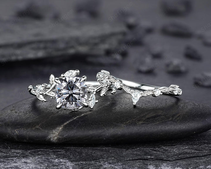 Nature Inspired Cushion Cut Gray Moissanite Leaf Engagement Ring Unique Rose Gold Grey Moissanite Twig Vine Wedding Promise Anniversary Ring - ShainJewelry