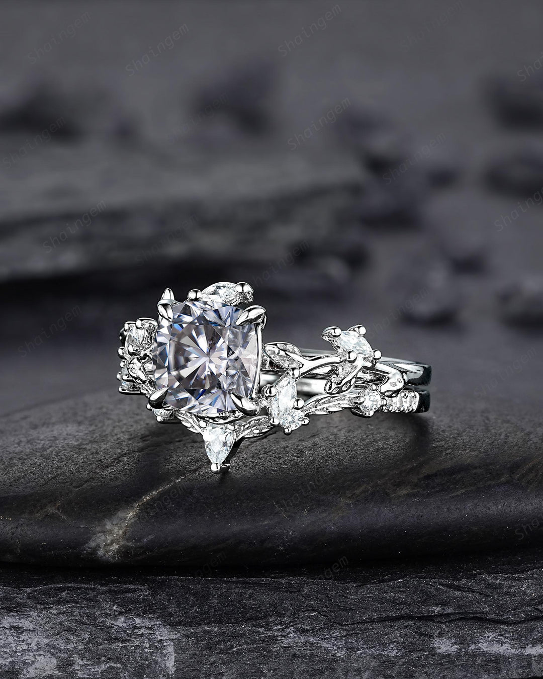 Nature Inspired Cushion Cut Gray Moissanite Leaf Engagement Ring Unique Rose Gold Grey Moissanite Twig Vine Wedding Promise Anniversary Ring - ShainJewelry