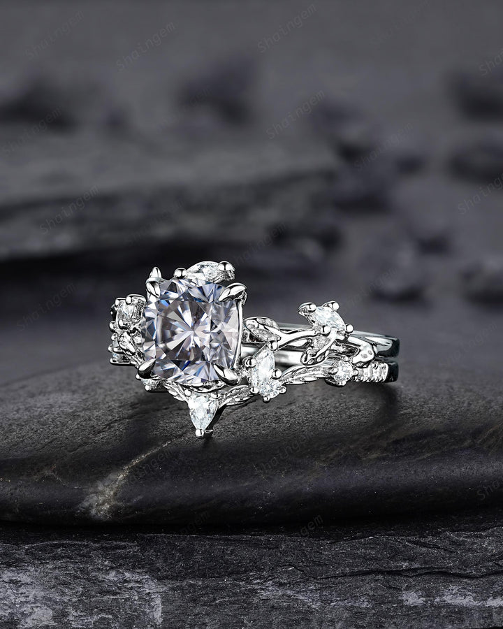 Nature Inspired Cushion Cut Gray Moissanite Leaf Engagement Ring Unique Rose Gold Grey Moissanite Twig Vine Wedding Promise Anniversary Ring - ShainJewelry