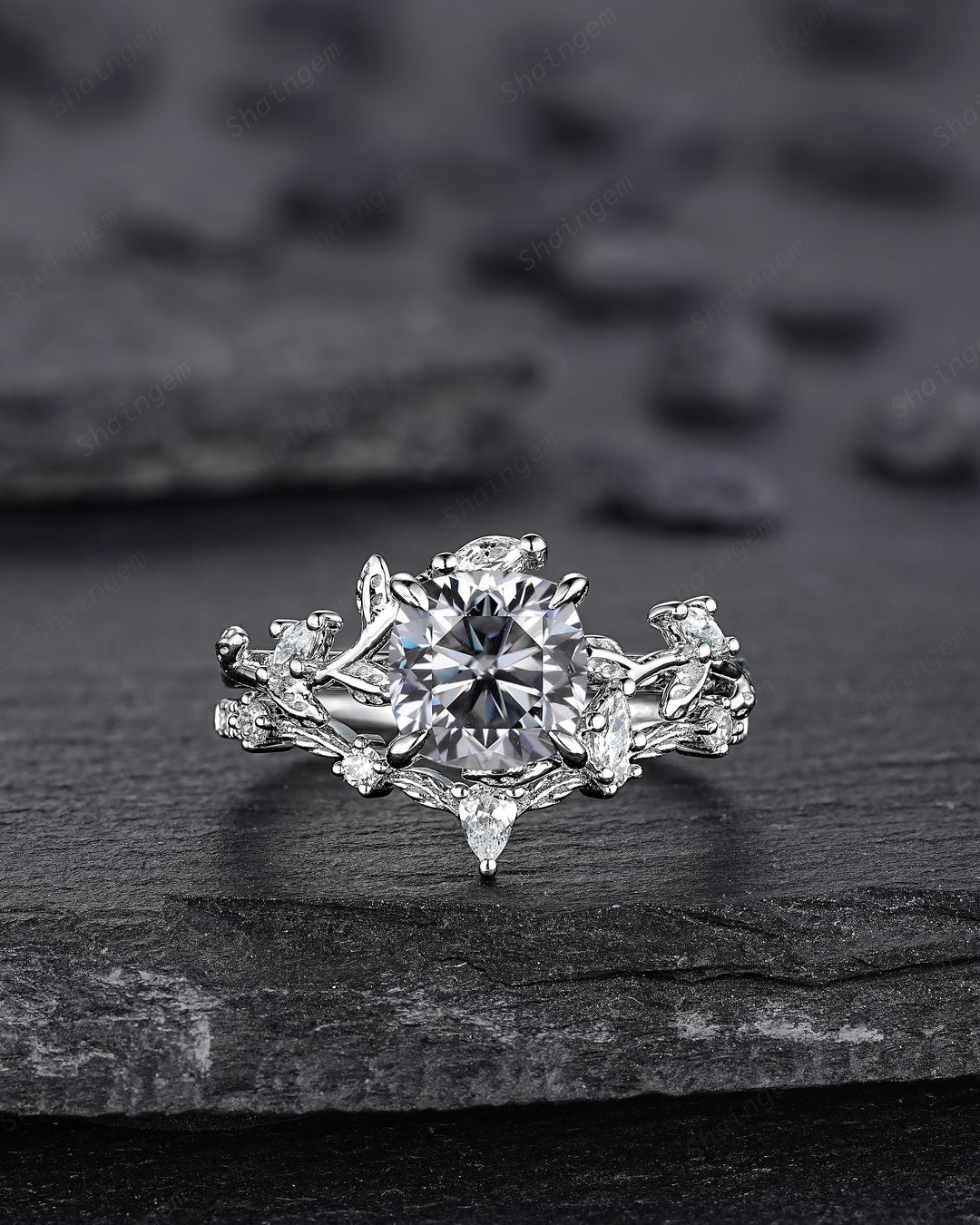 Nature Inspired Cushion Cut Gray Moissanite Leaf Engagement Ring Unique Rose Gold Grey Moissanite Twig Vine Wedding Promise Anniversary Ring - ShainJewelry