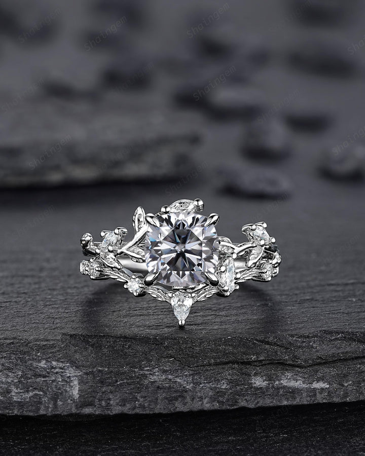 Nature Inspired Cushion Cut Gray Moissanite Leaf Engagement Ring Unique Rose Gold Grey Moissanite Twig Vine Wedding Promise Anniversary Ring - ShainJewelry