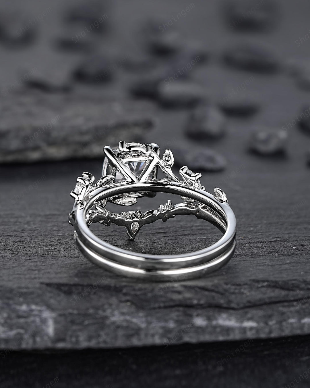 Nature Inspired Cushion Cut Gray Moissanite Leaf Engagement Ring Unique Rose Gold Grey Moissanite Twig Vine Wedding Promise Anniversary Ring - ShainJewelry