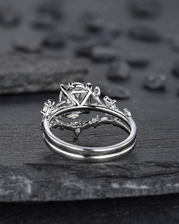 Nature Inspired Cushion Cut Gray Moissanite Leaf Engagement Ring Unique Rose Gold Grey Moissanite Twig Vine Wedding Promise Anniversary Ring - ShainJewelry