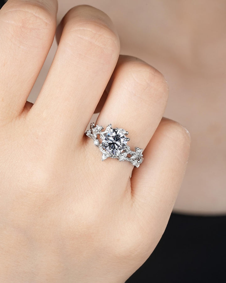 Nature Inspired Cushion Cut Gray Moissanite Leaf Engagement Ring Unique Rose Gold Grey Moissanite Twig Vine Wedding Promise Anniversary Ring - ShainJewelry