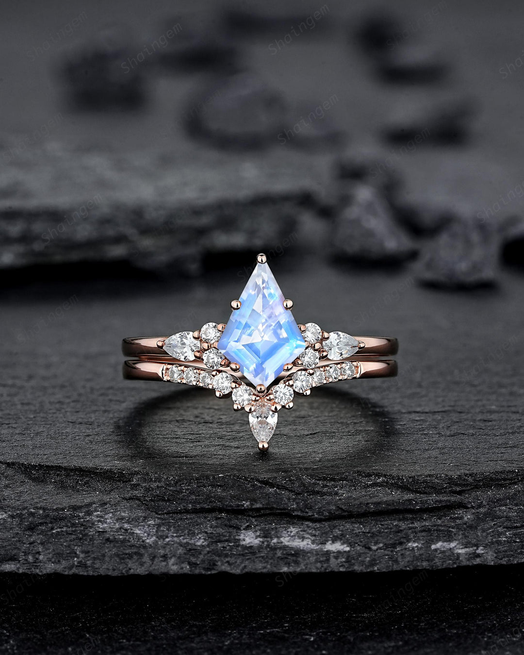 Vintage Kite Cut Moonstone Engagement Ring, Unique Rose Gold Chevron Wedding Set Promise Ring Natural Blue June Birthstone for Women Mom - ShainJewelry