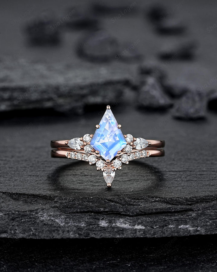 Vintage Kite Cut Moonstone Engagement Ring, Unique Rose Gold Chevron Wedding Set Promise Ring Natural Blue June Birthstone for Women Mom - ShainJewelry
