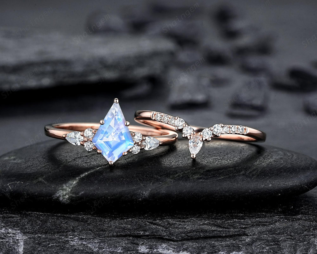 Vintage Kite Cut Moonstone Engagement Ring, Unique Rose Gold Chevron Wedding Set Promise Ring Natural Blue June Birthstone for Women Mom - ShainJewelry