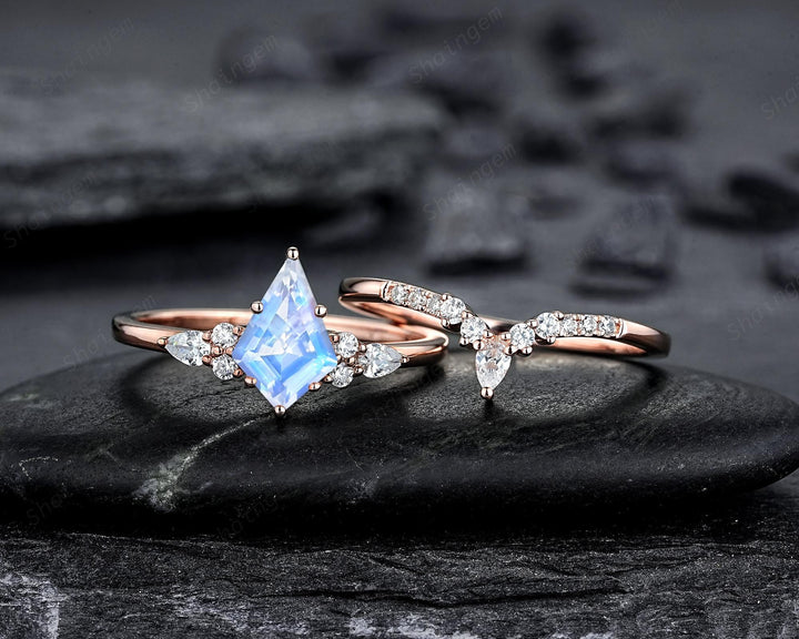 Vintage Kite Cut Moonstone Engagement Ring, Unique Rose Gold Chevron Wedding Set Promise Ring Natural Blue June Birthstone for Women Mom - ShainJewelry