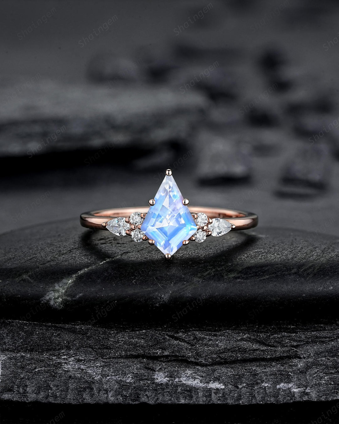 Vintage Kite Cut Moonstone Engagement Ring, Unique Rose Gold Chevron Wedding Set Promise Ring Natural Blue June Birthstone for Women Mom - ShainJewelry