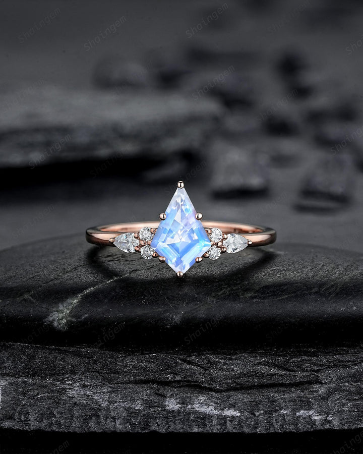 Vintage Kite Cut Moonstone Engagement Ring, Unique Rose Gold Chevron Wedding Set Promise Ring Natural Blue June Birthstone for Women Mom - ShainJewelry