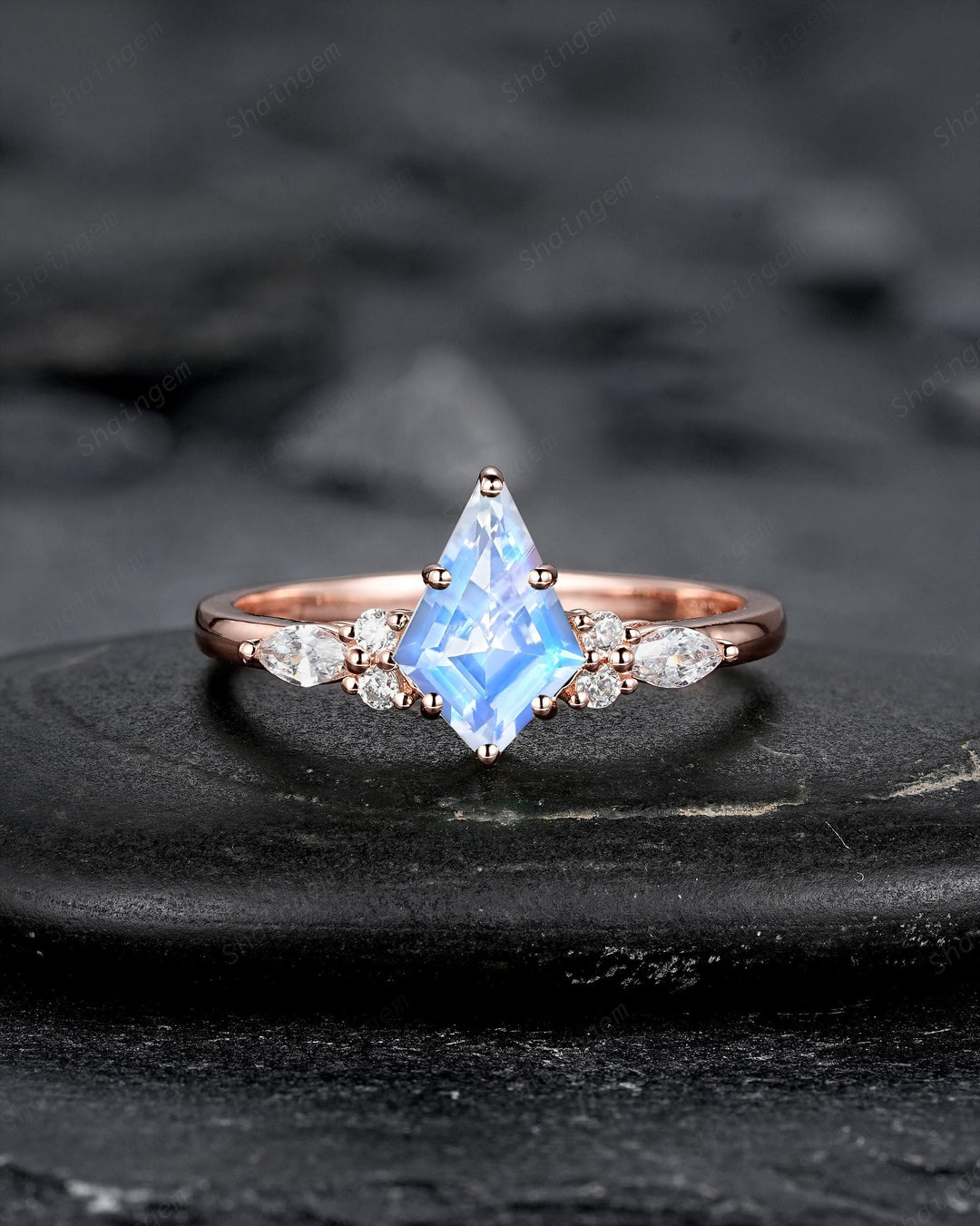 Vintage Kite Cut Blue Moonstone Engagement Ring Unique Rose Gold Chevron Wedding Set Cluster Promise Ring June Birthstone Gift for Women Mom - ShainJewelry