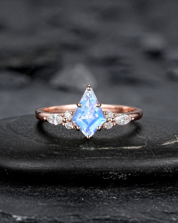 Vintage Kite Cut Blue Moonstone Engagement Ring Unique Rose Gold Chevron Wedding Set Cluster Promise Ring June Birthstone Gift for Women Mom - ShainJewelry