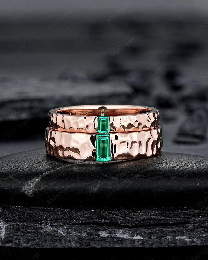Hammered Full Eternity His and Hers Baguette Emerald Solitaire Couple Ring Set, Rose Gold Wedding Matching Band, Promise Ring Men Women Band - ShainJewelry