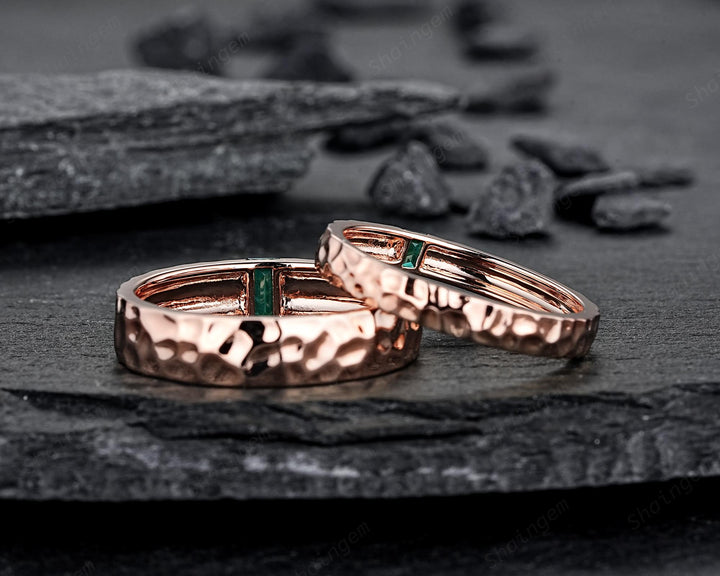 Hammered Full Eternity His and Hers Baguette Emerald Solitaire Couple Ring Set, Rose Gold Wedding Matching Band, Promise Ring Men Women Band - ShainJewelry