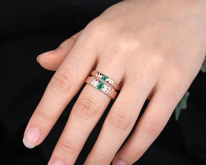 Hammered Full Eternity His and Hers Baguette Emerald Solitaire Couple Ring Set, Rose Gold Wedding Matching Band, Promise Ring Men Women Band - ShainJewelry