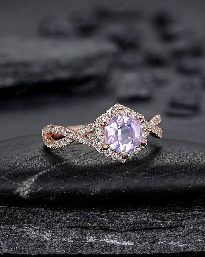 Vintage Hexagon Cut Lavender Purple Amethyst Halo Engagement Ring, Rose Gold Cross Band Half Eternity Promise Ring, Wedding Ring For Women - ShainJewelry