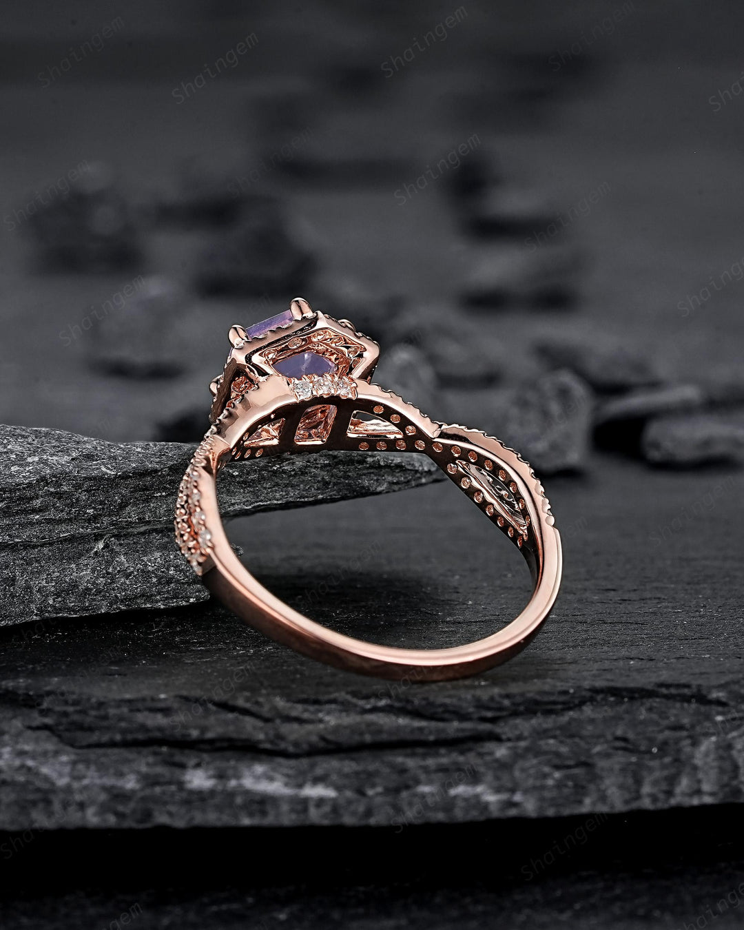 Vintage Hexagon Cut Lavender Purple Amethyst Halo Engagement Ring, Rose Gold Cross Band Half Eternity Promise Ring, Wedding Ring For Women - ShainJewelry