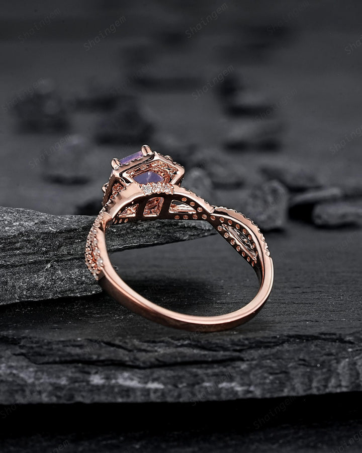 Vintage Hexagon Cut Lavender Purple Amethyst Halo Engagement Ring, Rose Gold Cross Band Half Eternity Promise Ring, Wedding Ring For Women - ShainJewelry