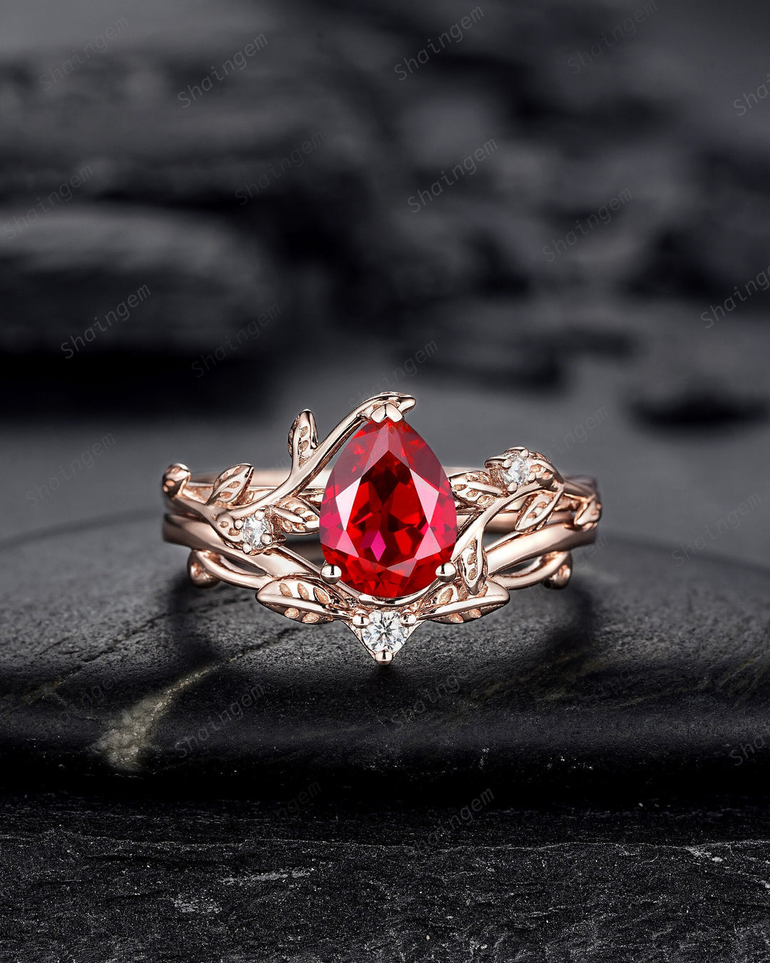 Nature Inspired Pear Shape Ruby Leaf Engagement Ring Set, 14K Rose Gold Twig Branch Promise Ring, Vine Bridal Set Anniversary Gift for Women - ShainJewelry
