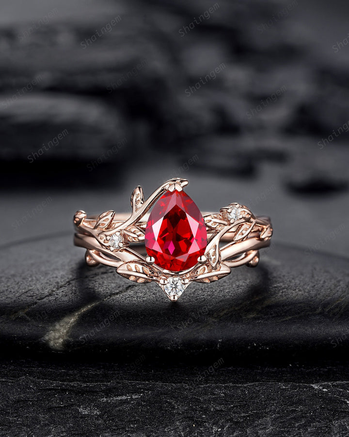 Nature Inspired Pear Shape Ruby Leaf Engagement Ring Set, 14K Rose Gold Twig Branch Promise Ring, Vine Bridal Set Anniversary Gift for Women - ShainJewelry