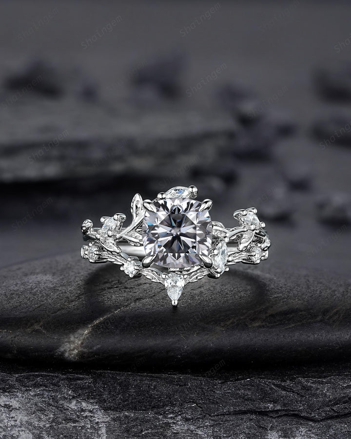 Nature Inspired Cushion Cut Gray Moissanite Leaf Engagement Ring Unique Rose Gold Grey Moissanite Twig Vine Wedding Promise Anniversary Ring - ShainJewelry