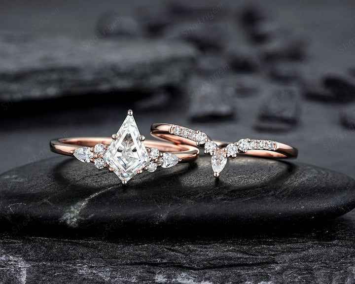 Vintage Kite Cut Moissanite Engagement Ring, Unique V Shape Pear Moissanite Wedding Set, Art Deco Rose Gold Promise Ring for Women Mom her - ShainJewelry