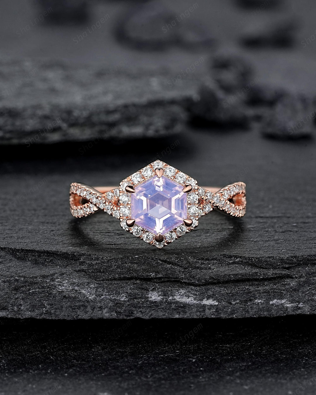 Vintage Hexagon Cut Lavender Purple Amethyst Halo Engagement Ring, Rose Gold Cross Band Half Eternity Promise Ring, Wedding Ring For Women - ShainJewelry