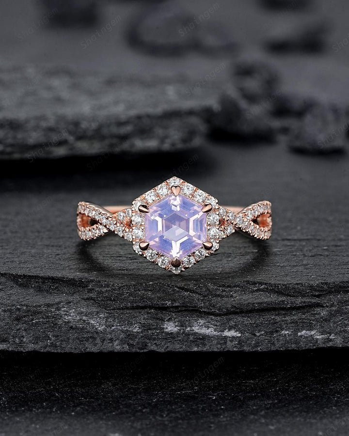 Vintage Hexagon Cut Lavender Purple Amethyst Halo Engagement Ring, Rose Gold Cross Band Half Eternity Promise Ring, Wedding Ring For Women - ShainJewelry