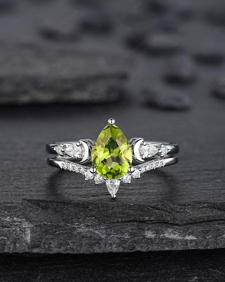 Vintage Pear Shape Peridot Crescent Engagement Ring Set, Unique White Gold Wedding Ring Bridal Set, August Birthstone Promise Ring for Women - ShainJewelry