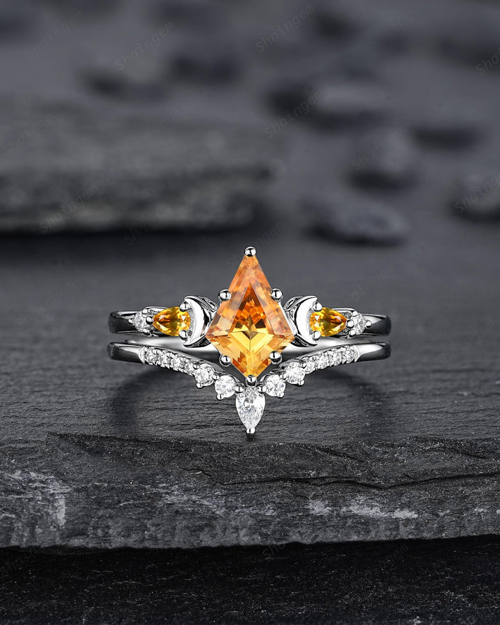 Platinum Kite Cut Yellow Citrine Crescent Engagement Ring Set, Nature Inspired Sterling Silver Moon Wedding Promise Ring Anniversary Gift - ShainJewelry