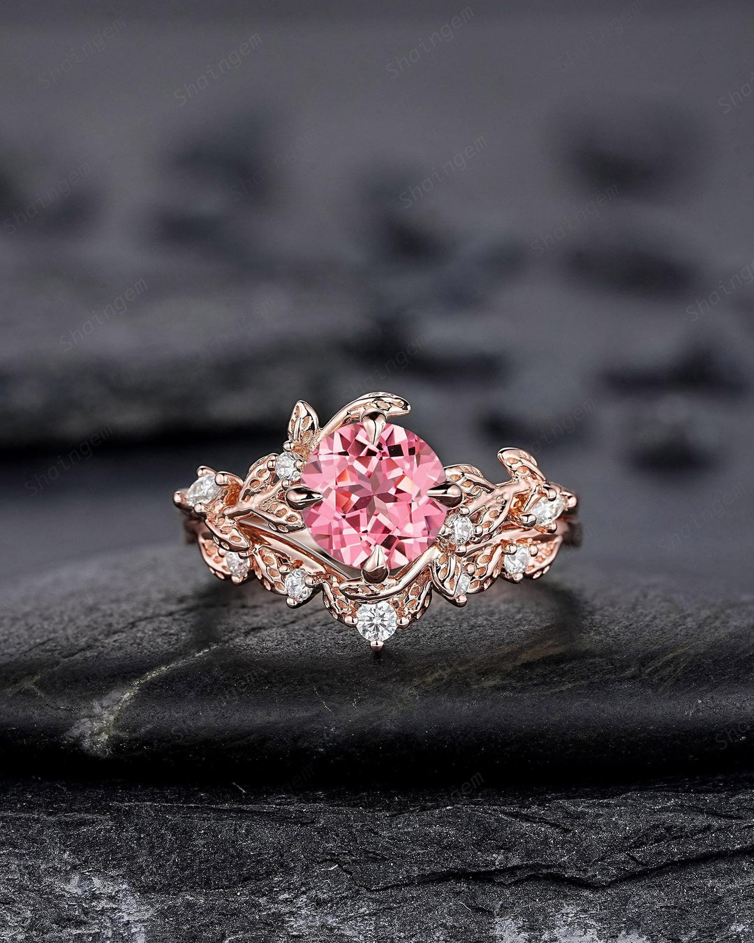 Vintage Round Shape Padparadscha Pink Sapphire Leaf Engagement Ring, Unique Rose Gold Wedding Set, Nature Inspired Promise Ring for Women - ShainJewelry