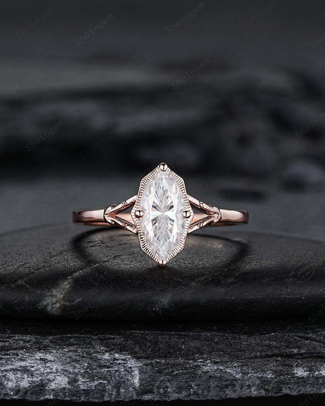Unique Marquise Cut Moissanite Milgrain Engagement Ring Set, Vintage Split Shank Solitaire Wedding Ring, Nature Inspired Floral Promise Ring - ShainJewelry